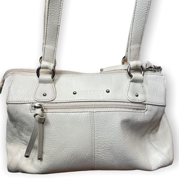 Stone & Co Womens Cream Leather Double Handles Classic Shoulder Handbag Purse - Picture 1 of 8